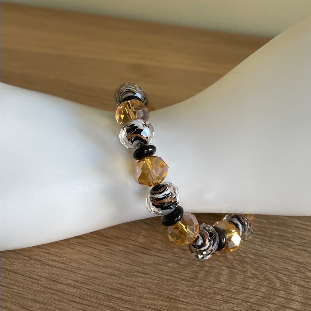 HAND CRAFTED BEADED BRACELET Elegant Black & Gold Faceted Crystal Beaded Glam - Picture 6 of 15